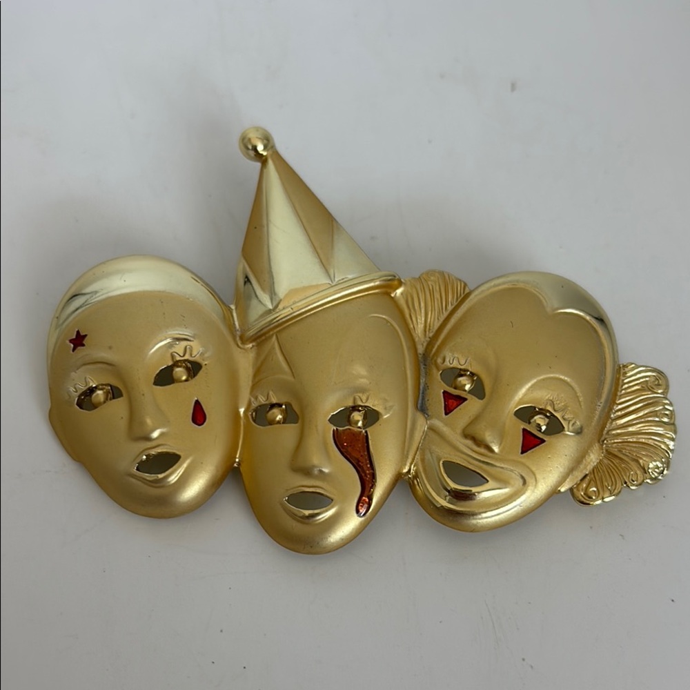 Gold Comedy and Tragedy Mask Brooch